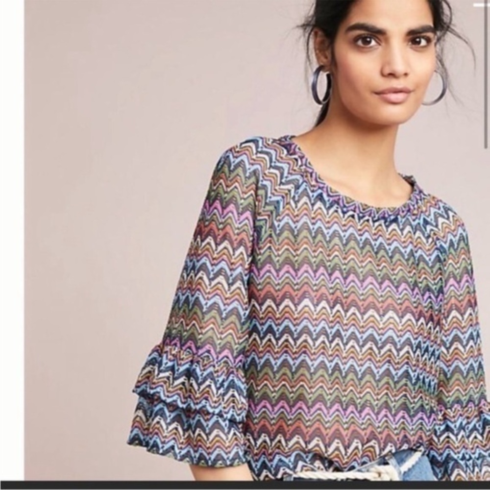Eva Franco Lorelle Chevron Multicolor Bell Sleeve Knit Top Size Large